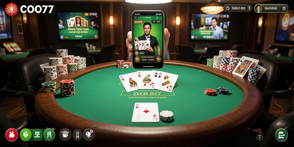 Screenshot gameplay COO77 menampilkan meja Poker yang dinamis dan interaktif.