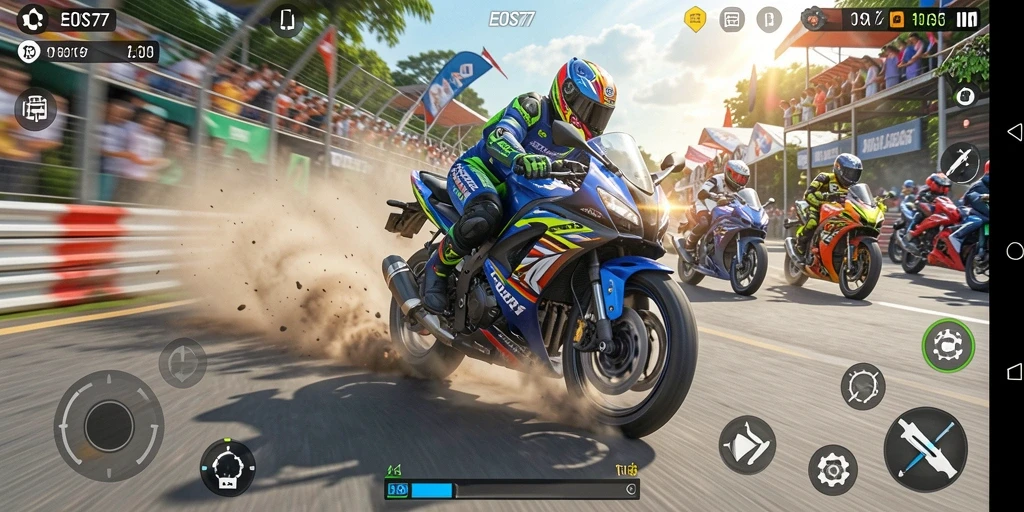 Screenshot gameplay EOS77 menampilkan aksi balapan motor yang seru dan mendebarkan.