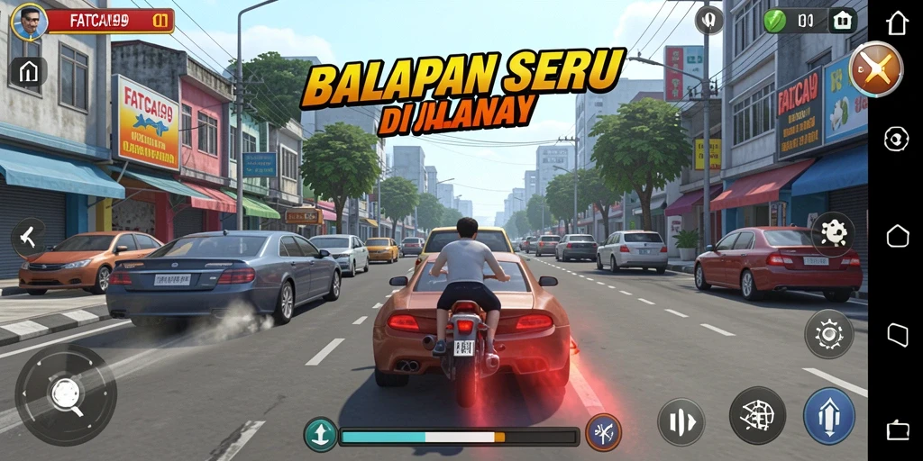 Screenshot gameplay FATCAI99 dengan mobil balap di lintasan.
