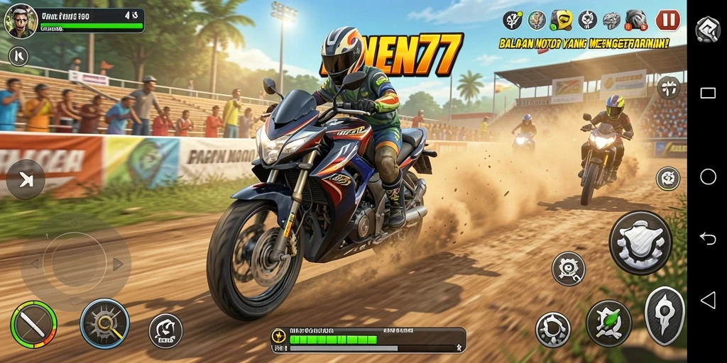 Screenshot PANEN77 menampilkan aksi balapan motor yang menegangkan.