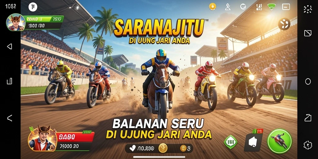 Tangkapan layar utama SARANAJITU menampilkan aksi balapan yang menegangkan.
