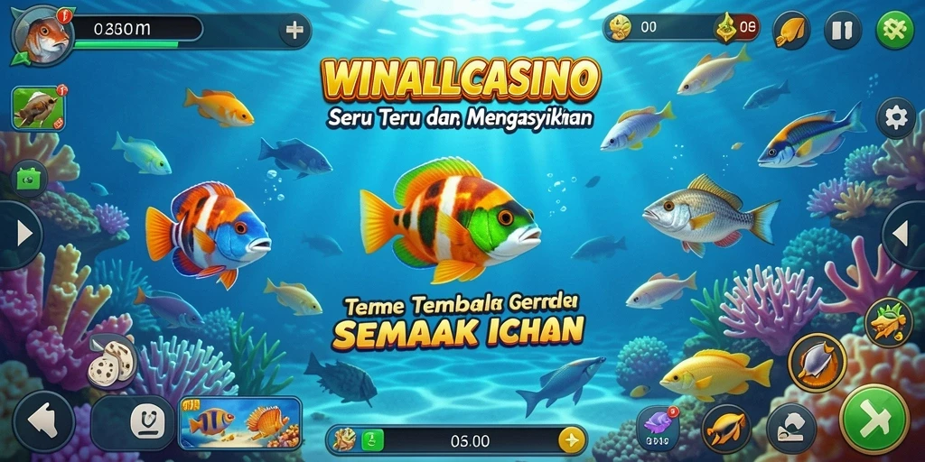 Tangkapan layar menunjukkan gameplay seru dari WINALLCASINO dengan penembakan ikan yang intens.